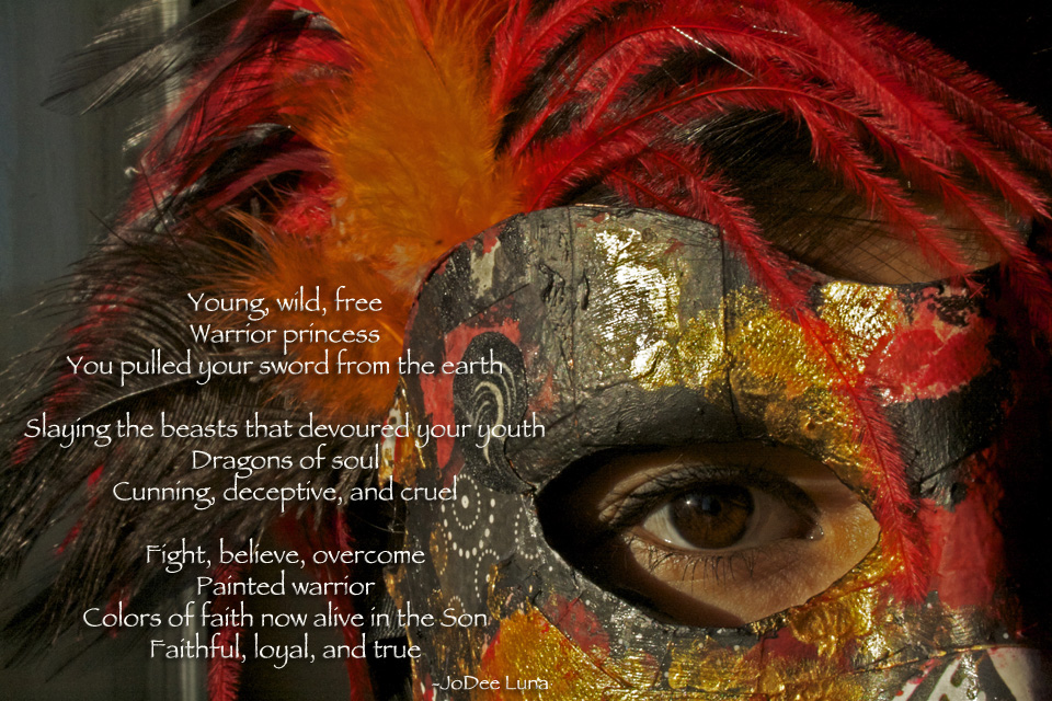 warrior princess mask by Elya Filler poem by JoDee Filler